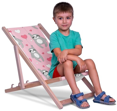 DreamRoots Kinder Liegestuhl Holz Gr. S, Sloth Heart Ballons | Klappbarer Campingstuhl faltbar, für Garten & Strand, bis 130 kg, waschbarer Bezug, 100% Polyester, UV-beständig, Kinderliege