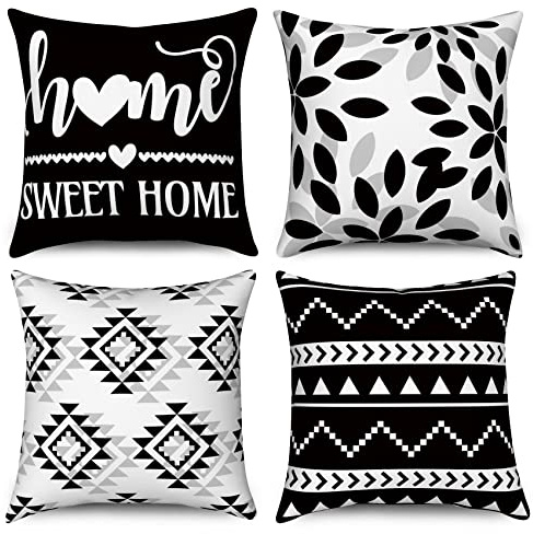 Hnmdmyi Kissenbezüge Schwarz und Weiß 40x40 4er Set, Boho Kissenbezüge Sweet Home Bauernhaus Modern Geometrisch Neutral Dekorative Leinen Kissenhülle für Sofa Couch Bett Garten Outdoor Home Decor