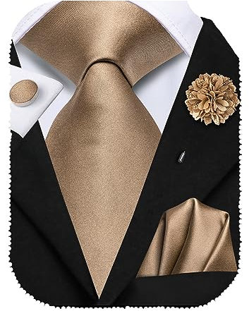 Hi-Tie Seidenkrawatte und Einstecktuch Manschettenknöpfe, Reversnadel-Set, Jacquard, Hochzeit, Business, Krawatte für formelle Anlässe, Bronze Gold, M