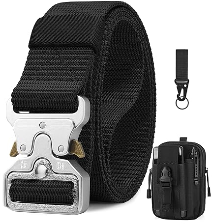 BESTKEE Taktischer Gürtel, 3,8 cm Militär Arbeitsgürtel, Schwerlast Nylon Schwarz Gürtel mit Schnellverschluss-Metallschnalle, Geschenk mit Taktischem Molle-Beutel für Outdoor Jagen