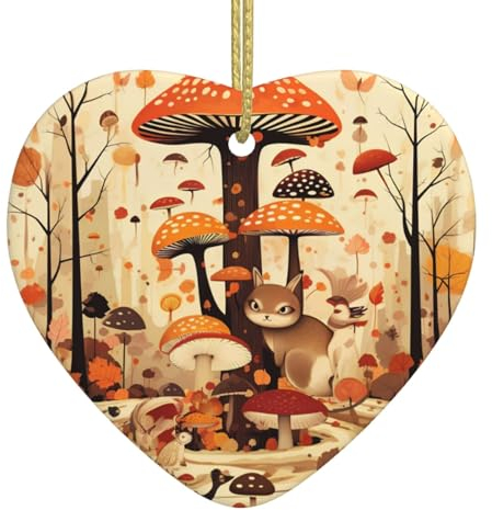 Herbstwald Pilz Weihnachtsschmuck, herzförmige Weihnachten hängende Ornament für Weihnachtsbaum Dekorationen, Keramik Andenken Geschenk, Xmas Keramik Ornament Home Decors