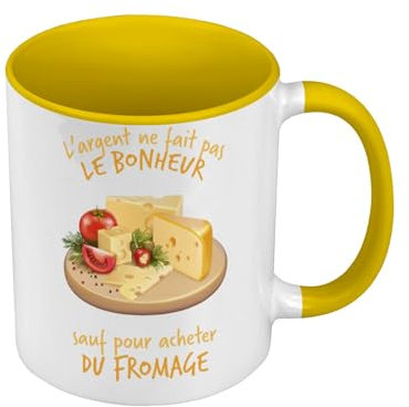 Mug de Couleur Qualité Premium Jaune - Plateau de Fromage - L'argent ne Fait Pas le Bonheur - Tasse avec anse et intérieur de couleur