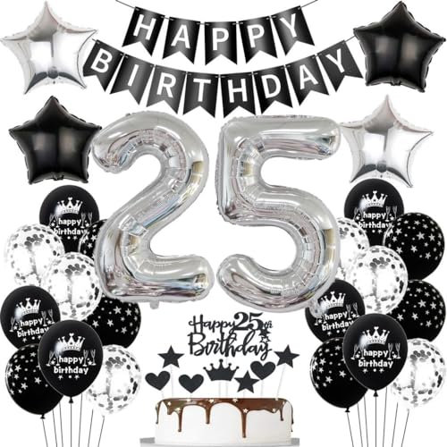 Schwarz Silber Luftballons 25. Geburtstag Dekoration,Schwarz Silber Geburtstagsdeko 25 Jahre Frauen Männer,Schwarz Ballons 25. Geburtstag Mann, Schwarz 25 Jahre Tortendeko,Schwarz 25. Party Deko