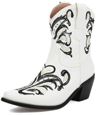 WeFloHsL Stivaletti da Cowboy con Tacco Largo da Donna Punta Quadrata Ricamati Stivali Western,Bianca,41 EU