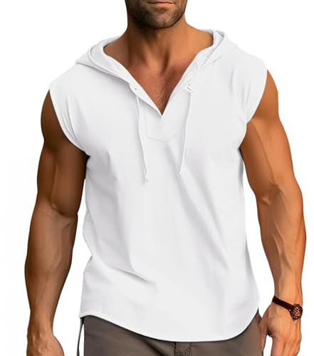 Cooleep Tank Top Herren Sommer Ärmellose Hoodie Sport Muskelshirts Baumwolle Gym Kapuzenpullover für Workout Bodybuilding Weiß XXL