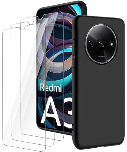 LYZXMY case for Xiaomi Redmi A3(6.71) Black mobile phone case + 3 pieces tempered glass protective film, case soft silicone TPU protective cover