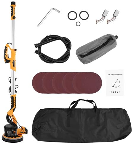 Mulcort Levigatrice per cartongesso, levigatrice elettrica 1390 W con 20 dischi di levigatura, 5 levigatrici a parete a velocità variabile 800-1800 giri/min con impugnatura estensibile, luce LED