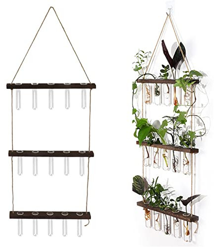 Blanketswarm Station de Propagation des Plantes, Terrarium Mural à 3 Niveaux avec Support en Bois et 15 Mini Tubes à Essai, Terrarium pour Plantes Hydroponiques, Jardinière en Verre(Couleur rétro)
