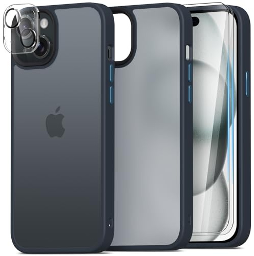 Mootobo für iPhone 15 Hülle, 4 in 1 Handyhülle iPhone 15 mit 2 Stück Schutzfolie +1 Stück Kameraschutz, Military Grade Stoßschutz mit Anti-Fingerprint Matte Rückseite 6,1 Zoll-Navy Blau