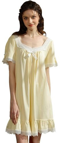 Nanxson Chemise de Nuit Femme en Coton Manches Courtes/Longues Vêtement de Nuit Vintage Victorienne Princesse Robe de Nuit (M,Manche Courte Abricot)