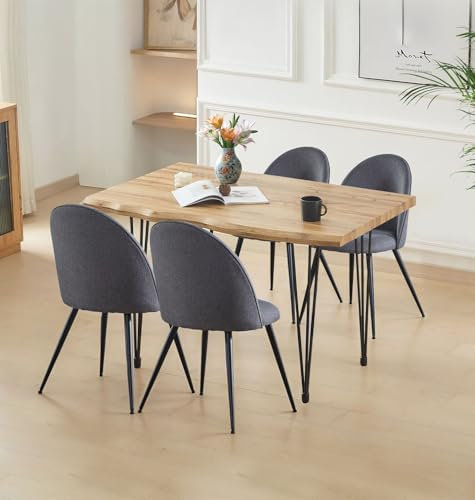 Hallowood Furniture Cullompton Large Dining Table and Chairs Set 4, Live Edge Effect Top Dining Table (120cm) and Dark Grey Fabric Dining Chairs, Modern Kitchen Set Ideal for Home and Café