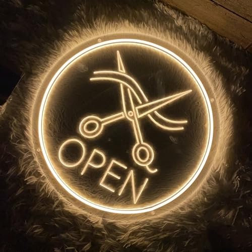 Großes Rundes Neon LED Barbier Schild für Friseurladen Wand und Fensterdekoration, Offenes Leuchtschild für Friseursalon mit Dimmbarem Schalter und Hängekette Geschenke für Friseur,38x38CM