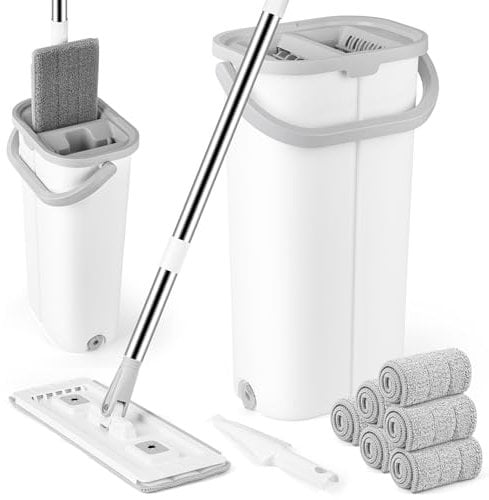 Floor Mop and Bucket Set GIOVARA Hands Free Flat Floor Mop and Bucket, Mop and Bucket with Wringer Set with 6 Reusable Microfiber Mop Pads and Stainless Steel 135cm Long Handle for All Floors Types