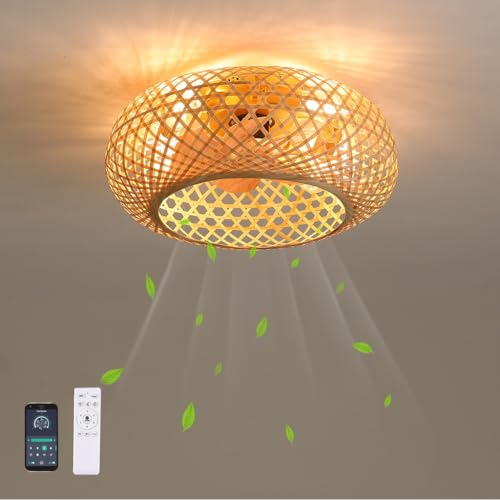 DOCJX Ventilateur De Plafond Plafonnier Bamboo E27 Ventilateur Plafond Avec Lumiere Ventilateur Plafond Silencieux Et Télécommande Et Rotin Naturel Tissé Lampe De Plafond Salon Chambre Salle À Manger