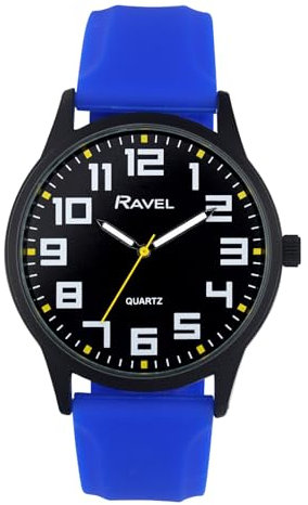 Ravel - Herrenuhr mit Schwarzem Gehäuse, Sportlichem Silikonarmband und Hervorgehobenen Stundenmarkierungen - Analoges Quarzwerk - RS003.06 - Blau