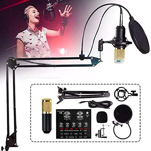 AKALNNB Paquete de micrófono condensador, kit de transmisión BM-800, micrófonos, para podcasting con tarjeta de sonido en vivo, brazo de tijera de suspensión de micrófono ajustable