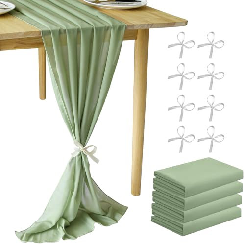 MUUKAIII 4 Stück Chiffon Tischläufer Grün 70x300 cm Tischläufer Hochzeit Salbeigrün Musselin Dekostoff Musselin Tischläufer Boho Hochzeit für Hochzeitsdeko, Tischdeko Geburtstag, Babyparty