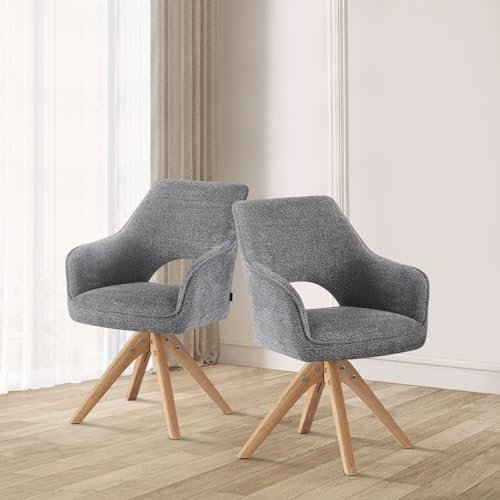 DUBI Möbel Esszimmerstuhl Thomas-Lisa 2er Set | Armlehnenstuhl Federkernpolsterung drehbar mit Massivholzbeinen für Küche, Wohnzimmer, Esszimmer Büro | Retro Design | Grau, 2 Stück, 21102-RE90-B03