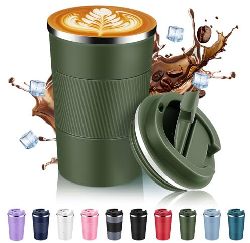 Volhoply Tasse à café de voyage isotherme en acier inoxydable de 390 ml avec couvercle à rabat, tasse à café réutilisable à double paroi sous vide, portable pour boissons chaudes et froides, vert