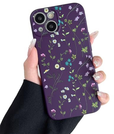 RALEAVO Flower Case for iPhone 14, Liquid Silicone Shockproof Protection Case Cover for Girls Women with Aesthetic Cute Floral Patterns Soft Slim Phone Case for iPhone 14 6.1-Purple