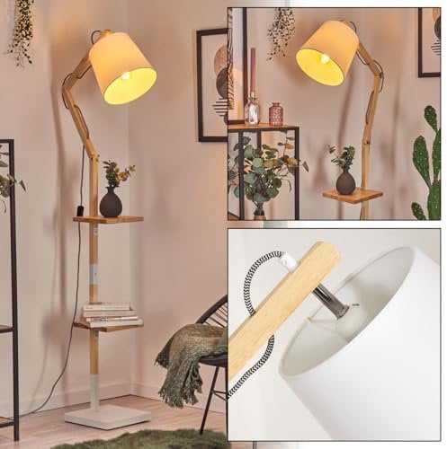 HOFSTEIN Stehleuchte Tukchor, Stehlampe aus Holz/Metall/Stoff in Natur/Weiß, verstellbare Leuchte im Boho-Design mit Ablageflächen u. Schalter, 152,5 cm, E27, Wohnzimmer, Schlafzimmer, Esszimmer