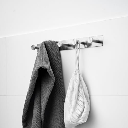 ELMOWO - Edelstahl Hakenleiste mit 5 Haken ohne Bohren selbstklebend inkl. Spezialkleber (extrem sicherer Halt) für Bad & Küche - Als Küchenleiste & für Badartikel wie Handtücher & Bademantel (silber)