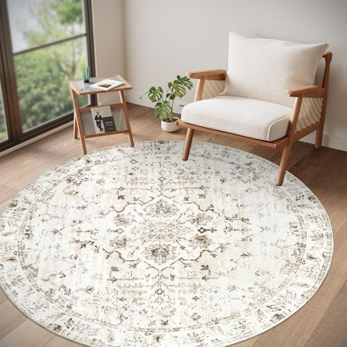 Homcomodar Teppich Rund 160cm Teppich Wohnzimmer Beige Waschbarer Vintage Teppiche Schlafzimmer Teppiche Kurzflor für Wohnzimmer Schlafzimmer Esszimmer