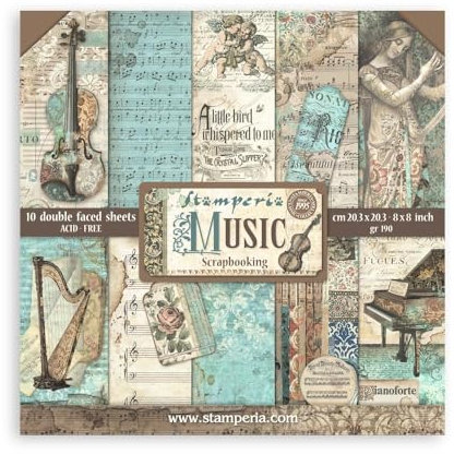 Stamperia - Scrapbook Paper Pad for Scrapbooking, Albums, Card Making, Bullet Journals, and More, Acid Free, Double-Sided, Perfect for Hobbies, Crafts, and Gifting (Music) (20.3 x 20.3cm)