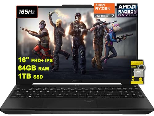 Asus TUF Gaming A16 Laptop 16 FHD+ 165Hz 7ms 100% sRGB AMD Octa-core Ryzen 7 7735HS 64GB RAM 1TB SSD Radeon RX 7700S 8GB (>RTX4060) Backlit USB-C USB4 Fast Charging Win 11 w/ICP Accessory