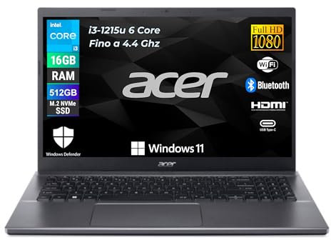 acer Extensa 15, Pc Portatile Intel i3-1215u 6 Core 3.3 Ghz, Ram 16Gb, SSD 512Gb, Display 15,6 FHD, Notebook con Win 11 Pro, Garanzia Italia