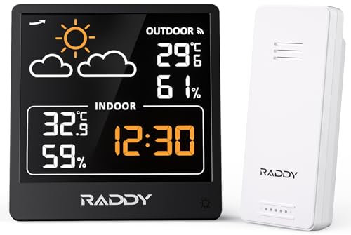 Raddy WF-50V Stazione meteorologica wireless, Termometro Igrometro per interni ed esterni, 5,0'' VA display, alimentazione tramite USB-C, previsioni del tempo, sensore remoto wireless (Nero)