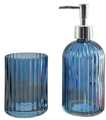 2 Piece Blue Ribbed Glass Bathroom Sink Accessories Set Liquid Soap Lotion Dispenser Tumbler/Toothbrush Holder Cup