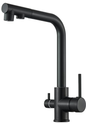 HARNART Rubinetto da cucina a 3 vie, girevole a 360°, nero, estraibile, 3 in 1, rubinetto da cucina per filtro dell'acqua, rubinetto con 2 leve