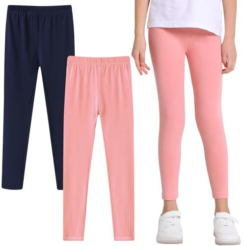 Domueay Leggings Bambina in Cotone, 2-Pack Pantaloni Lunghi, 5-12 Anni | Morbidi Traspirante e Comodi Leggings Tinta Unita per Bambine e Ragazze, Abbigliamento per Sportive Danza Scuola Fitness Gym