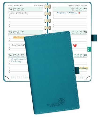 POPRUN Taschenkalender 2026 Klein 16,5 x 9 cm (Jan.2026-Dez.2026) - Kalender 2026 Klein Ringbuch mit Softcover - Terminplaner, Planer 1 Woche 2 Seite mit Kartenschlitz - Pazifikgrün