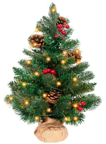 50CM Small Christmas Tree Mini Xmas Trees Artificial Table Top Christmas Tree with LED Lights, Pine Cones for Office Bedroom Desktop Decorations Indoor Outdoor Holiday Decoration