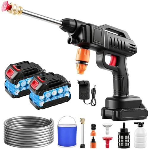 Viugreum 1500W Akku Hochdruckreiniger, 21V 60bar hochdruckreiniger akku mit Eimer, Tragbarer Hochdruckreiniger Autowäsche mit 3-in-1Düse, 2 Akkus, 5m Schlauch für Auto, Terrasse, Fenster, Pool