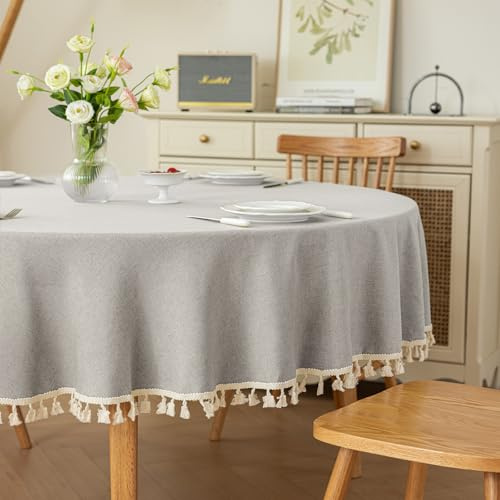 hometrixx Tischdecke Rund 160 cm Baumwoll-Leinen mit Fransen Hellgrau | Tischdecken Abwaschbar, Fleckabweisend, Pflegeleicht, Tischtuch, für Party Picknick Garten Abendessen Küche Dekor
