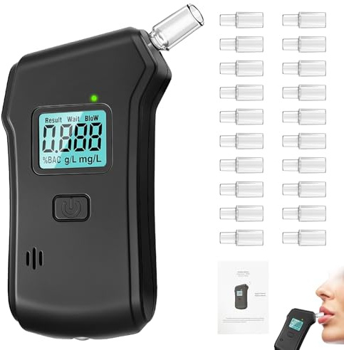 muhogxio Alkoholtester, Polizeigenau Alkoholmessgeräte mit 20 Mundstücken,Alkohol Tester mit Digitaler LCD-Anzeige,Professioneller Alkoholtester