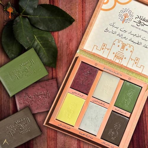 MEFTAH AL-SHAREQ Natural Handmade Soap Collection, 6 Luxury Varieties with Laurel Oil, Damask Rose, Oud, Black Seed, Milk and Honey, Musk Al Tahara, 100% Natural Traditional Arabic Soaps Gift Set