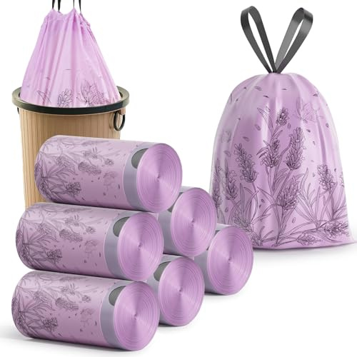 300 PCS Bin Bags Lavender Scented Small 2.6 Gallon Trash Bags 10-15L Bin Liners with Drawstrings for Home Office Kitchen & Bathroom that Leaves Your Swing Bin Smelling Fresh Beautiful Print 45 * 50CM