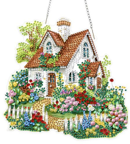 KEYIFA 5D Hüttengarten Diamond Painting Fensterbilder Erwachsene, DIY Diamond Painting Beidseitig Anhänger, Hängende Art Window Pictures Kit für Wohndeko Gift 20x20cm