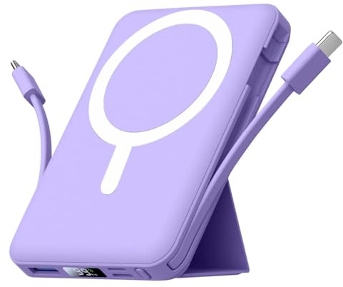 Azmuth for Magsafe Power Bank, 10000mAh Magnetic Battery Pack 20W | Portable Charger 20W PD Fast Charging with USB-C Cables, LED Display with Stand for iPhone 17/16/15/14/13/12 Series (Purple)
