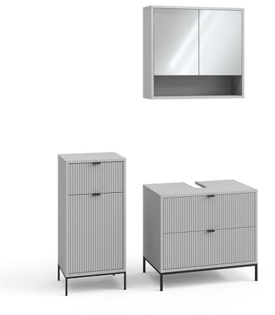 Vicco Badmöbel-Set Eliza, Grau, 70 cm, besteht aus Waschbeckenunterschrank, Spiegelschrank und Midischrank
