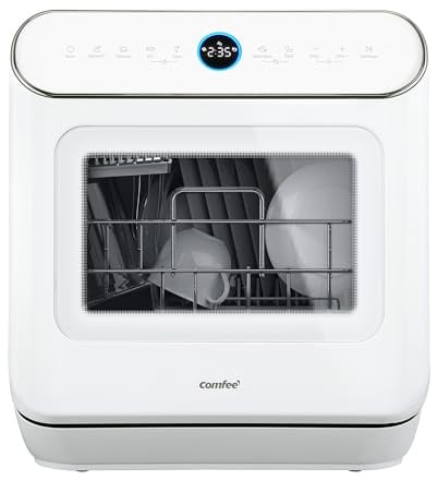 COMFEE' CDWMT305WD Mini Lave-vaisselle de Table, 3 Couverts, 7 Programmes | 72°C Lavage Hygiénique, 24h Démarrage Différé, Ouverture Automatique, Commande Tactile, Écran LED, Pour 1-2 pers, Blanc