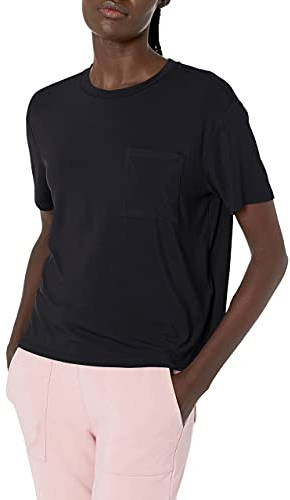 Amazon Essentials Damen Kurzärmeliges Rundhals-T-Shirt aus Jersey mit Tasche, Bequeme Passform (Früher Daily Ritual), Marineblau, S
