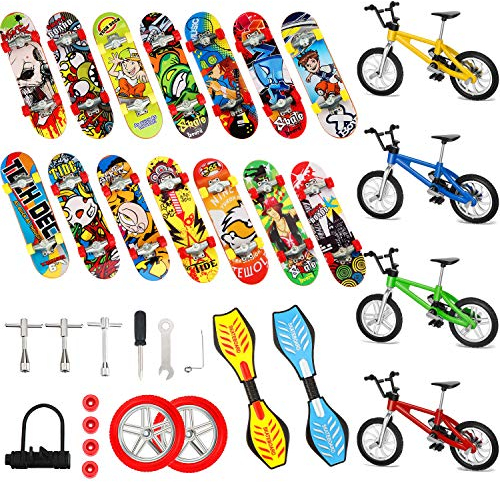 Gejoy 29 Pieces Mini Finger Toys Set Finger Skateboards/ Bikes Tiny Swing Board Fingertip Movement Party Favors Wheels and Tools