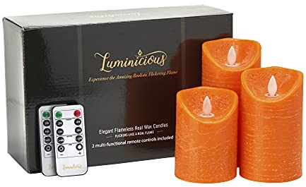 Flameless Candles Flickering LED | Battery Operated Electric Pillar Candle | Realistic Moving Flame Flicker with Remote Control & Timer | Real Wax Burnt Orange | Great Home Decor | Decorative Gift