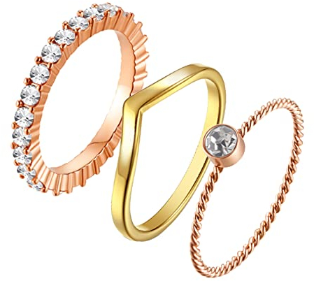 Vakki 3Pcs 2mm Damen Vorsteckring Memoire Ringe Goldener V-förmiger Ring Partnerringe Paare Ring Titan Stahl Ring Set Feinpolieren Größe 57(18.1)