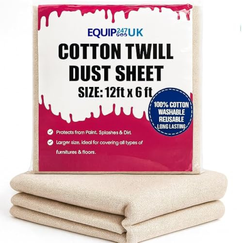 Cotton Dust Sheets for Painting & Decorating | Paint Sheets | Drop Cloth | Painting & Paint Cover Sheets | Dust Sheets for Furniture | Washable and Reusable | (Cotton Twill 12ft x 6ft / 3.66m x 1.83m)